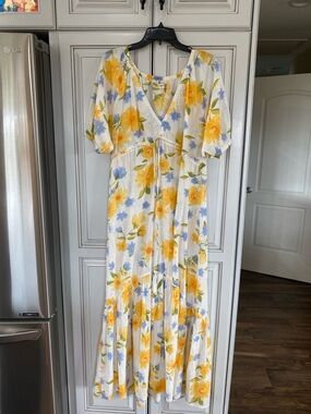 Billabong White Maxi Dress with Yellow & Blue Floral Print